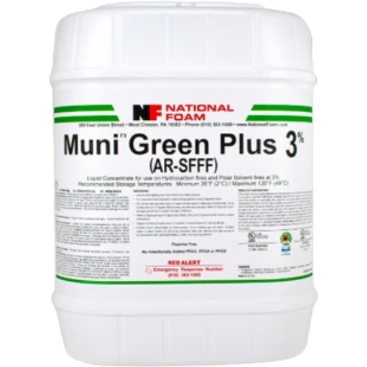 National Foam MUNI® F3 Green Plus Foam Concentrate (AR-SFFF) pail container, a fluorine-free, alcohol-resistant firefighting foam for Class B hydrocarbon and polar solvent fuel fires used by municipal fire departments.