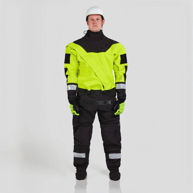 Front view of a man wearing the NRS Ascent SAR Dry Suit in safety yellow, highlighting its waterproof construction, rugged rescue-ready design, and full-body protection for cold and wet environments.