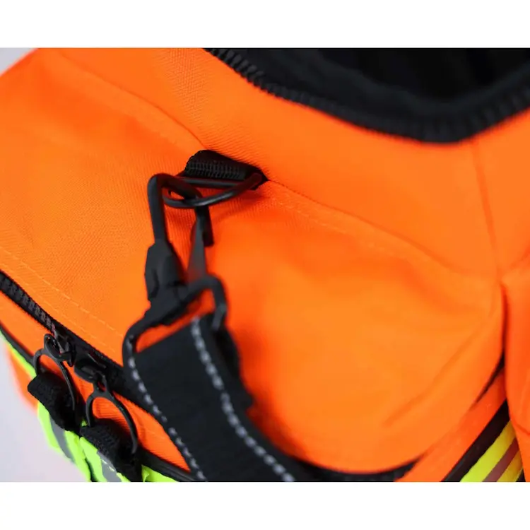 Closeup of Lightning X LXMB25 orange variant handle clip, featuring durable materials and secure fastening for reliable emergency bag transport.