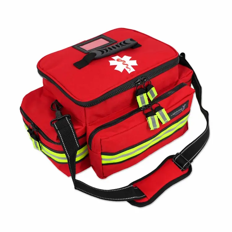 Lightning X LXMB25 red variant medium-sized first responder EMT bag designed for organized, quick-access storage of emergency medical supplies.