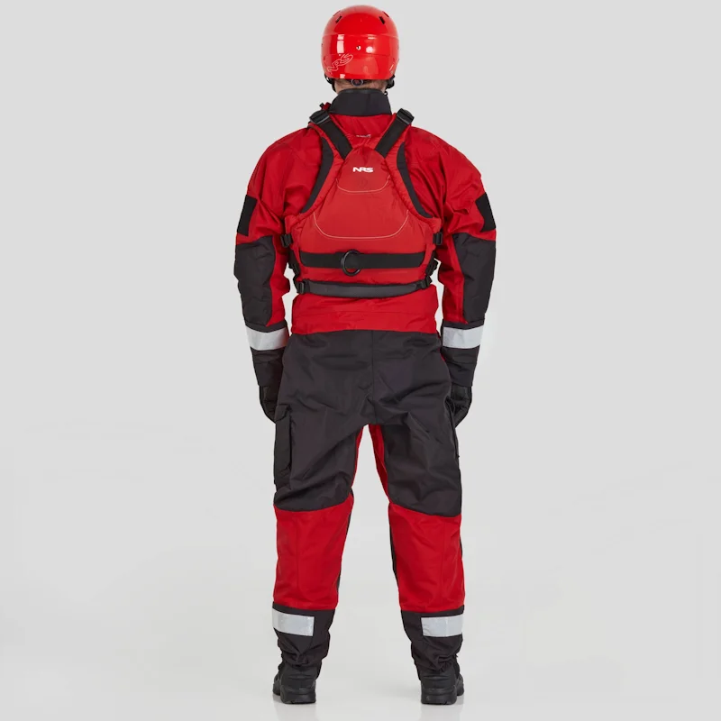 Back view of a man wearing the NRS Extreme SAR GTX Dry Suit in red with an equipment bag on the chest, showing reinforced back panels and safety features.