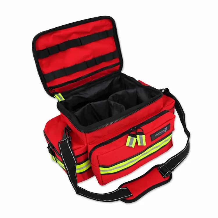 Lightning X LXMB25 red variant medium-sized first responder EMT bag with top open, showing organized, quick-access medical supply storage.