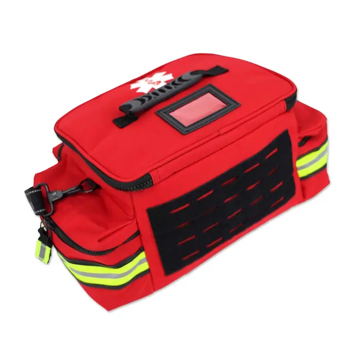 Lightning X LXMB25 red variant medium-sized first responder EMT bag back view, showing padded straps and durable construction for emergency use.