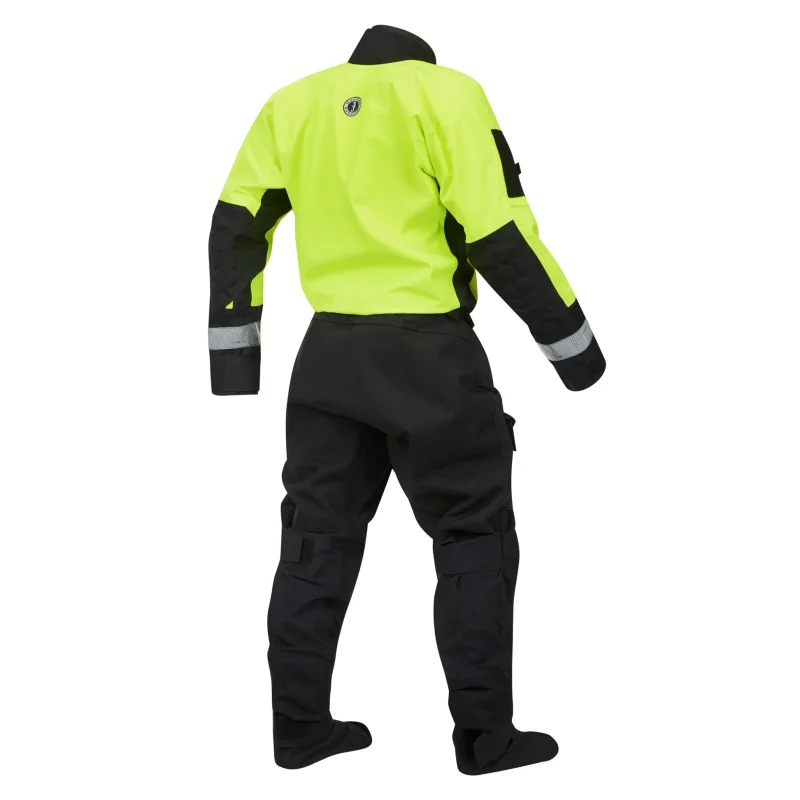 Back-side view of Mustang Survival® Sentinel™ Series Water Rescue Dry Suit showcasing ergonomic fit, reinforced back panels, and adjustable closures for secure protection in swift water conditions.
