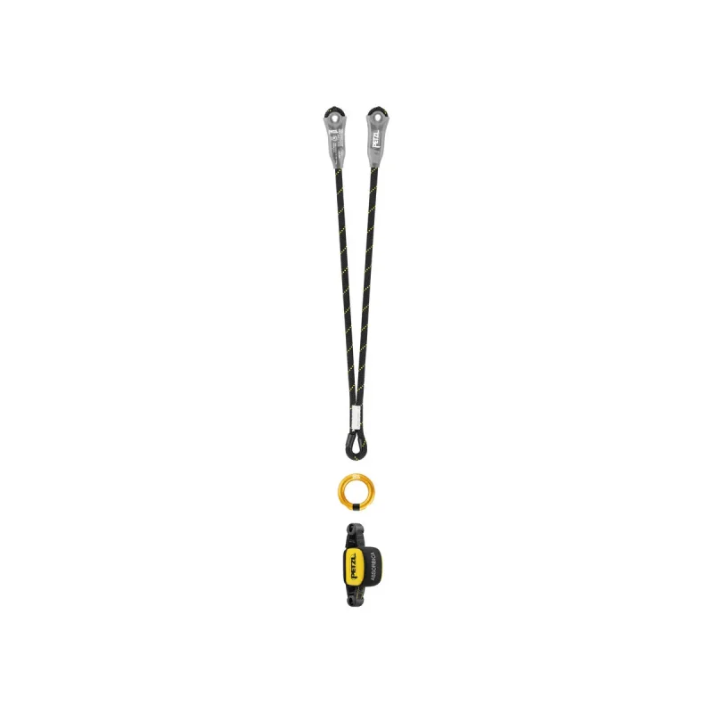 Petzl® ABSORBICA® Energy Absorber and rope shown separated but positioned next to each other, highlighting individual components used together in fall arrest and rope access systems.