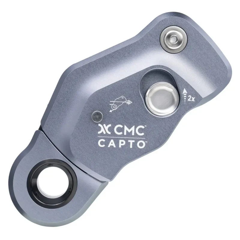 Close-up of the silver CMC™ CAPTO™ Multifunctional Rope Grab showcasing its durable aluminum construction and ergonomic design for safe rope access and fall protection.