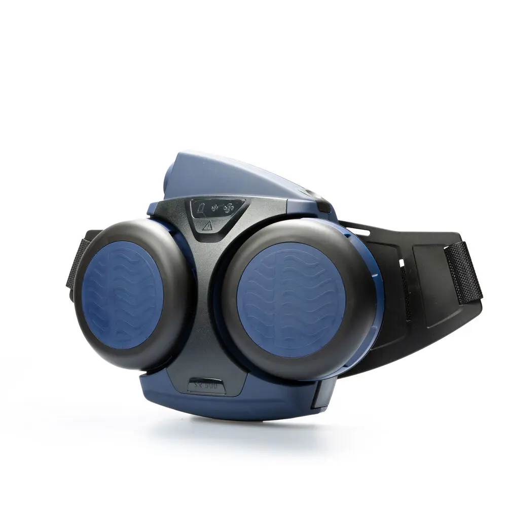 Angled front-left side view of the Sundström® SR 500 Powered Air-Purifying Respirator, highlighting the dual filter setup, airflow ports, and control panel for efficient respiratory protection.