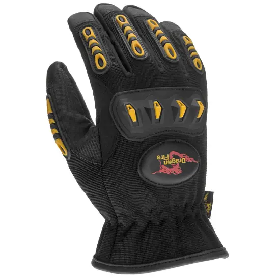 Top side view of the Dragon Fire First Due Rescue Gloves, highlighting reinforced knuckle protection, durable outer materials, and ergonomic design for high-performance use in technical rescue situations.