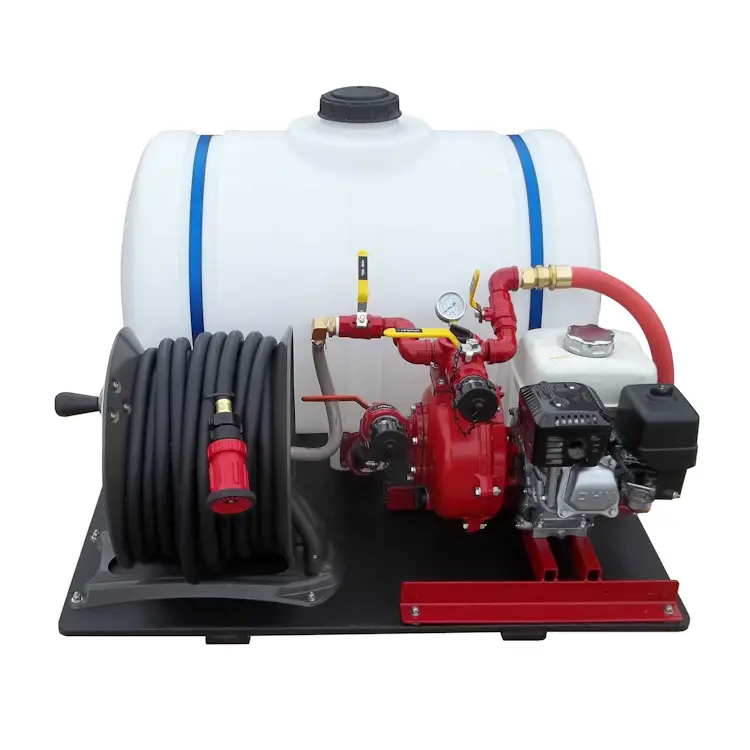 Front view of CET™ ATV Fire Pack 1 – Econo showing mounted water tank, compact pump, hose reel, and control panel on ATV platform for off-road firefighting.