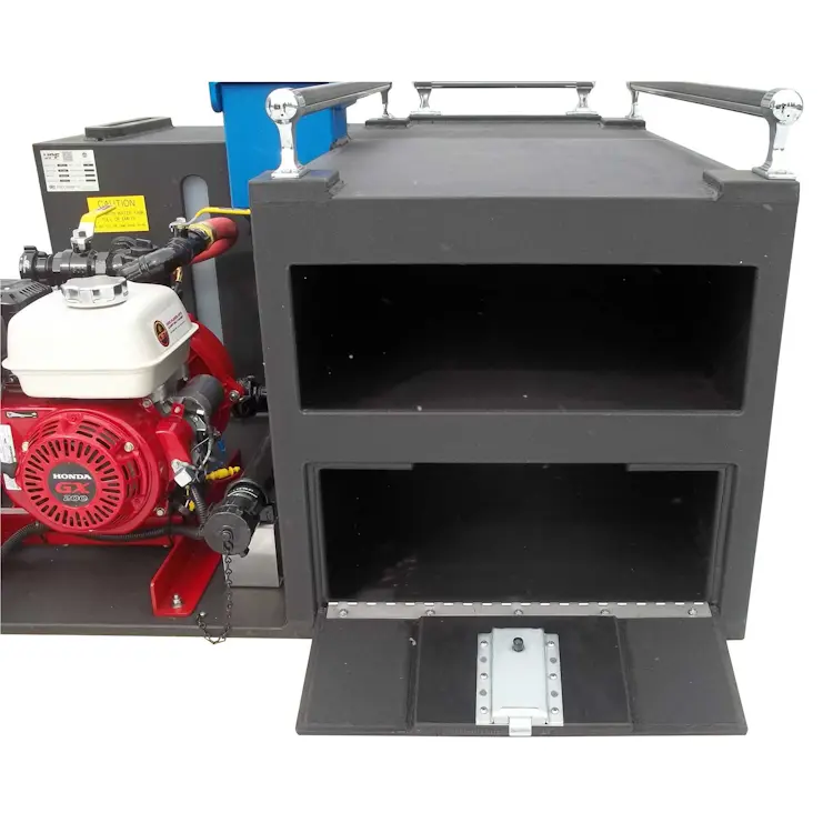 Close-up front view of CET™ ATV Fire Pack 2 – Skeeter with tray door open, showing empty internal storage space within the skid frame.