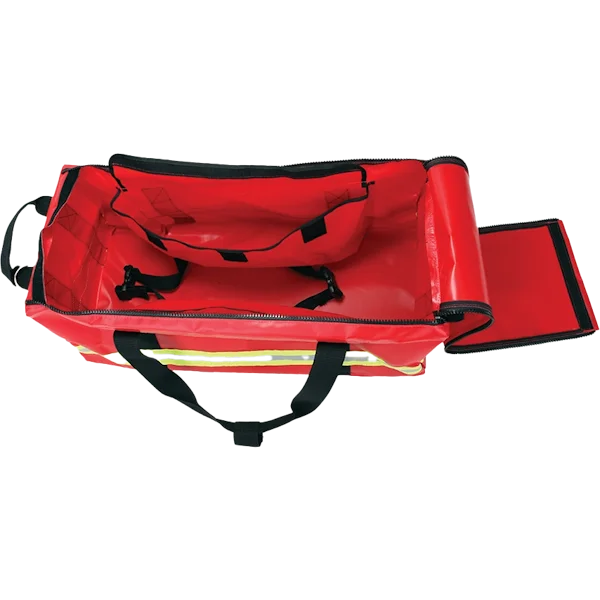 Top view of the R&B Fabrications 887RD RIT Bag open, showing the interior compartments designed for organizing and storing rapid intervention team rescue tools and firefighting equipment.