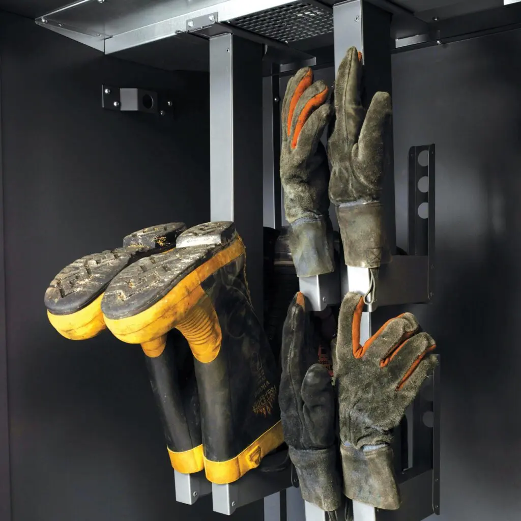 Ready Rack™ Air Flow Glove Hanger for Smart-Dry 6 in use, holding firefighter gloves and boots securely while promoting airflow to accelerate drying and reduce odors.