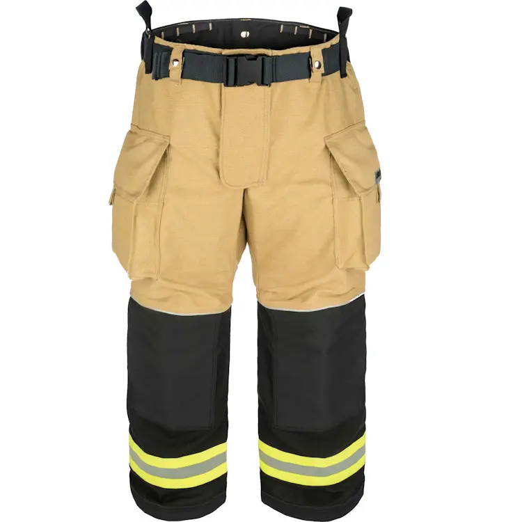 Front view of Lakeland® Stealth Premium Turnout Pants, highlighting the durable flame-resistant fabric, reinforced knee panels, and secure closures designed for firefighter protection and comfort.