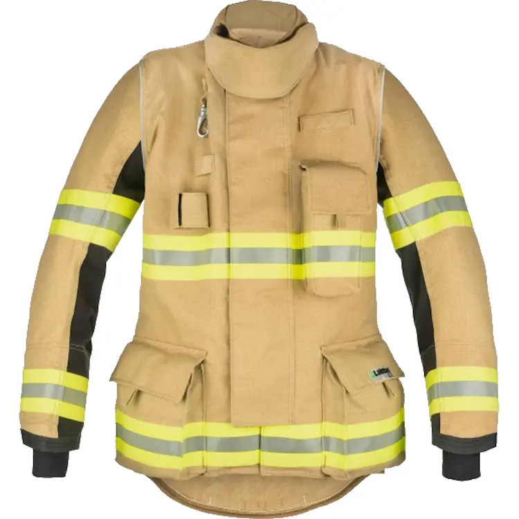 Front view of Lakeland® Stealth Premium Turnout Coat, showcasing durable flame-resistant fabric, reinforced elbow pads, secure closures, and reflective trim for firefighter safety and protection.