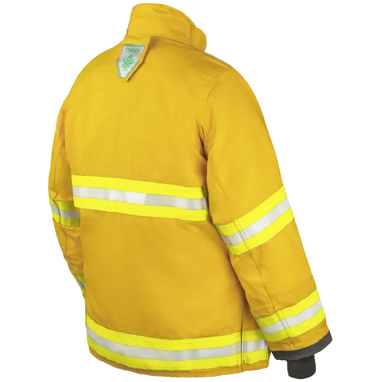 Back side view of Lakeland® B10 Turnout Coat, highlighting reinforced stitching, adjustable waist straps, and reflective striping for improved durability and firefighter visibility.