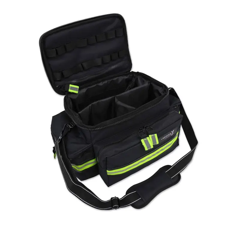 Lightning X LXMB25 black variant medium-sized first responder EMT bag with top open, showing organized, quick-access medical supply storage.