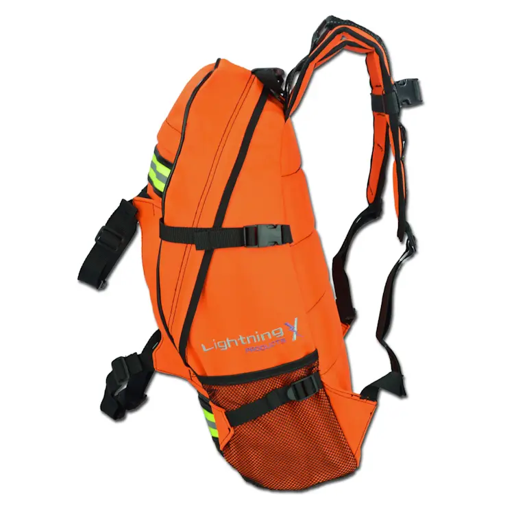 Side view of Lightning X LXMB40 orange variant first responder EMT backpack, highlighting padded shoulder straps and reinforced side panels.