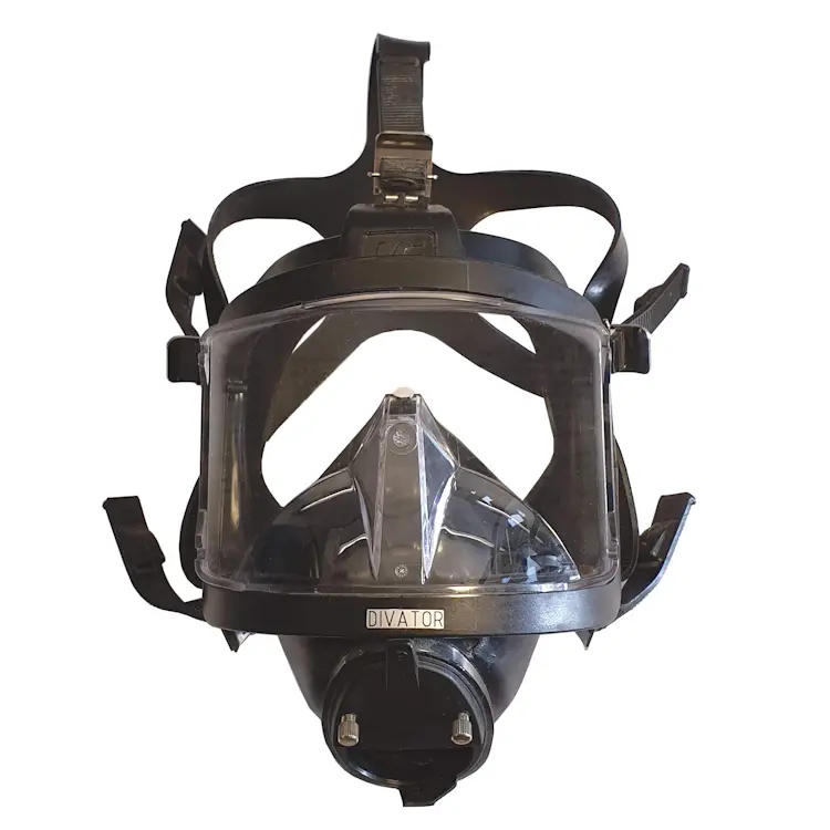Interspiro™ Divator Full Face Mask front view displaying a durable, full-coverage design with integrated communication features for professional diving safety.