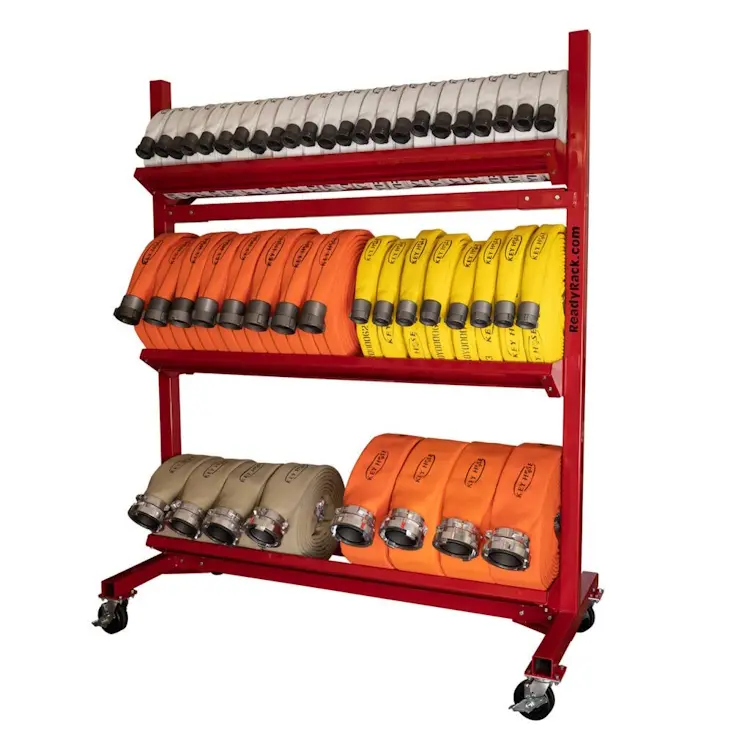 Front-side view of Ready Rack™ Mobile Hose Cart loaded with coiled fire hoses, featuring additional smaller hoses neatly organized on the top shelf for efficient access and transport.
