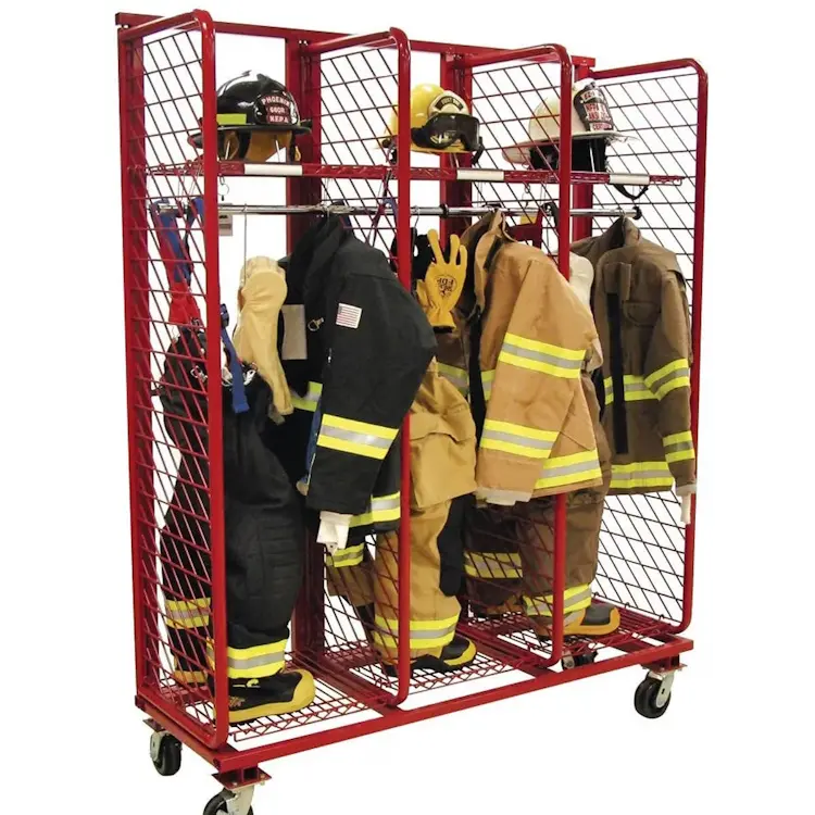 Front-side view of Ready Rack™ Mobile Red Rack fully stocked with firefighting helmets, shirts, and pants, showcasing organized and accessible mobile storage for essential gear.
