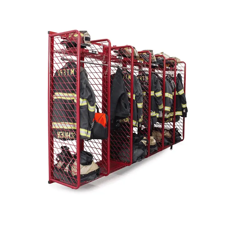 Front-side view of Ready Rack™ Wall Mounted Red Rack featuring multiple shelves neatly organized with firefighting helmets, shirts, turnout gear, and bags for efficient storage and quick access.