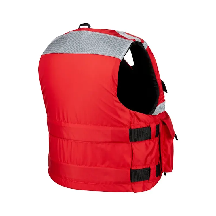 Back-side view of Mustang Survival® SAR Vest with SOLAS Reflective Tape showcasing contoured fit, reinforced shoulder straps, and reflective detailing for enhanced visibility during rescue missions.