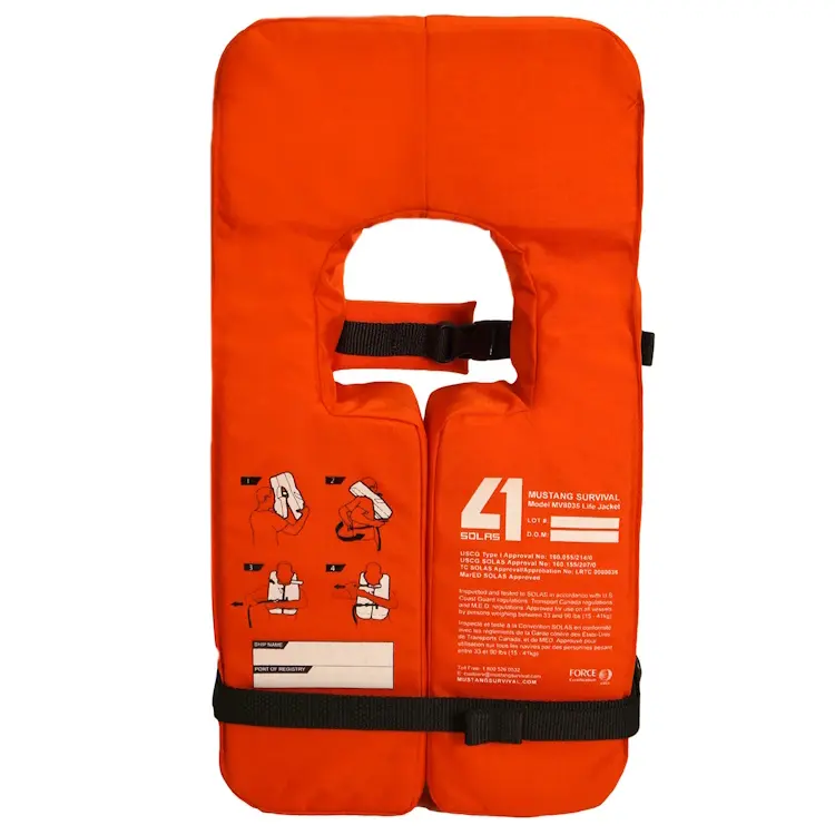 Back view of Mustang Survival® SOLAS Type 1 Child Life Jacket showing SOLAS-approved reflective tape, adjustable straps, and durable construction for child safety in water emergencies.