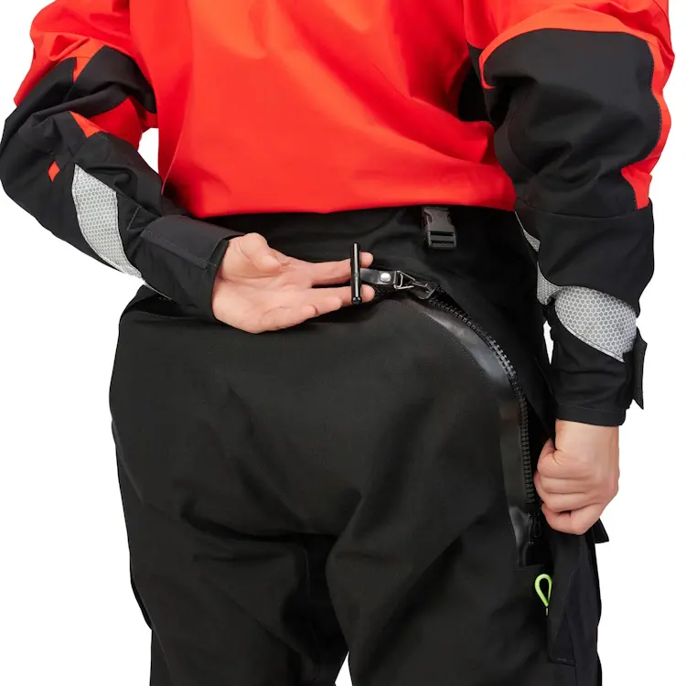 Closeup back view of Mustang Survival® Sentinel™ Series Lightweight Boat Crew Dry Suit showing durable pants zipper with waterproof sealing for secure protection and easy access.