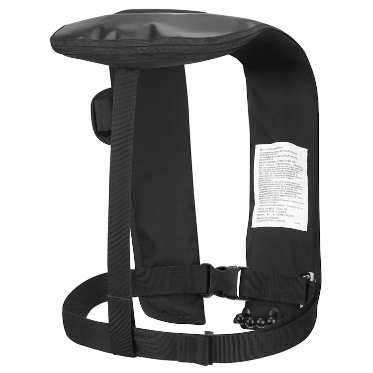 Back-side view of Mustang Survival® Heavy Duty Law Enforcement Hit Inflatable PFD showing reinforced harness system, durable fabric, and secure adjustment straps for tactical water safety.