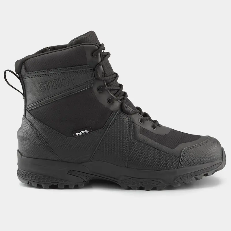 Right side view of a single right-footed NRS Storm Boot, showcasing the insulated waterproof upper and rugged sole design.