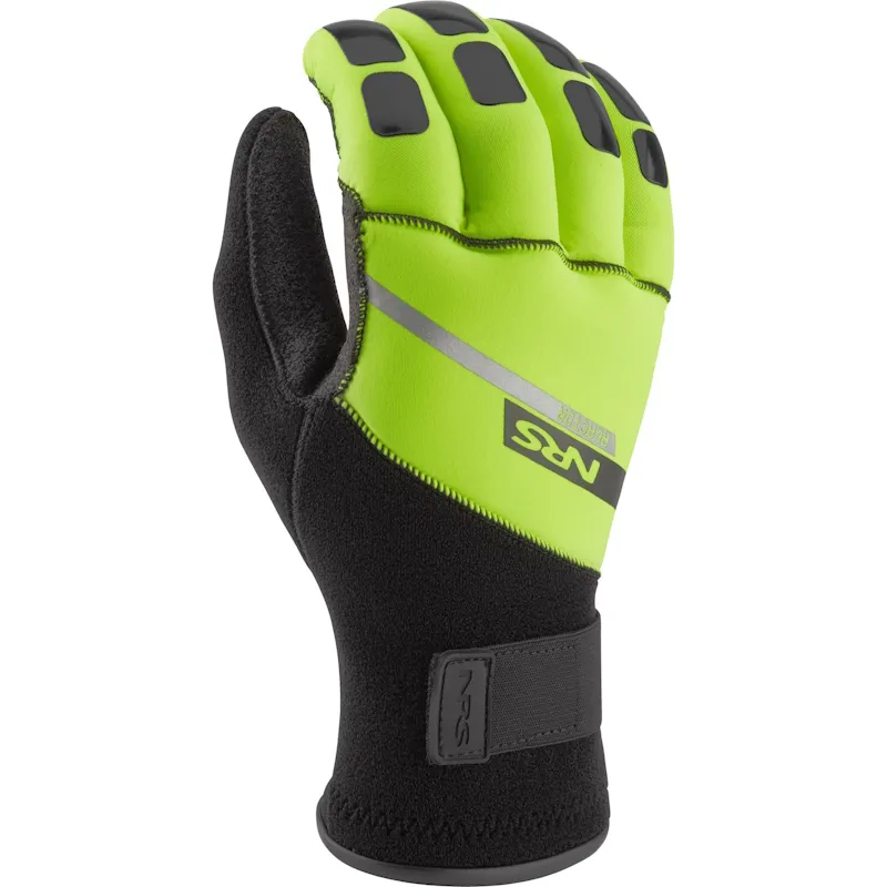 Single NRS Reactor Rescue Glove showing the back of the hand, highlighting the durable neoprene material and reinforced knuckle area for impact protection.