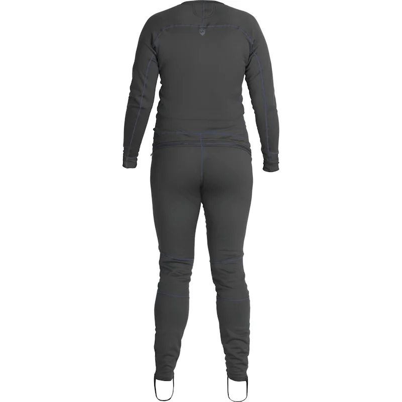 Back view of the NRS Women’s Expedition Weight Union Suit, showing the full-body fit, dropseat zipper, and articulated paneling for mobility and warmth.