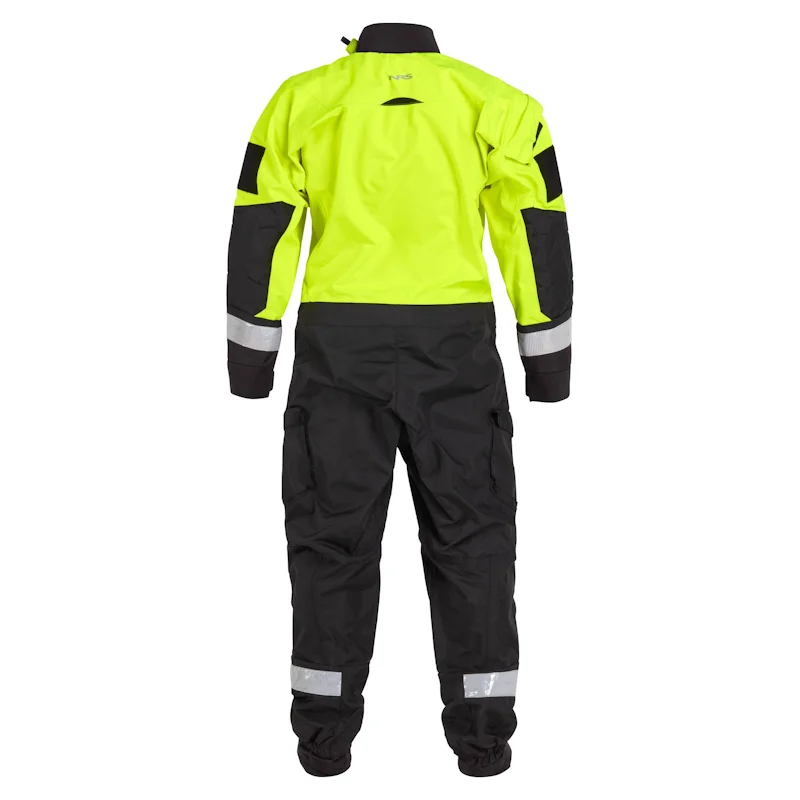 Back view of the NRS Extreme SAR GTX Dry Suit in safety yellow, highlighting reinforced knees and seat, sealed seams, and reflective safety accents.
