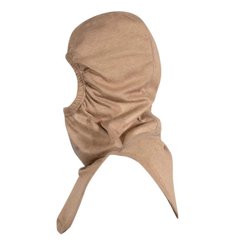 Side view of the MajFire HALO NB Tan Particulate Hood, showing its contoured design and extended coverage for superior firefighter protection.