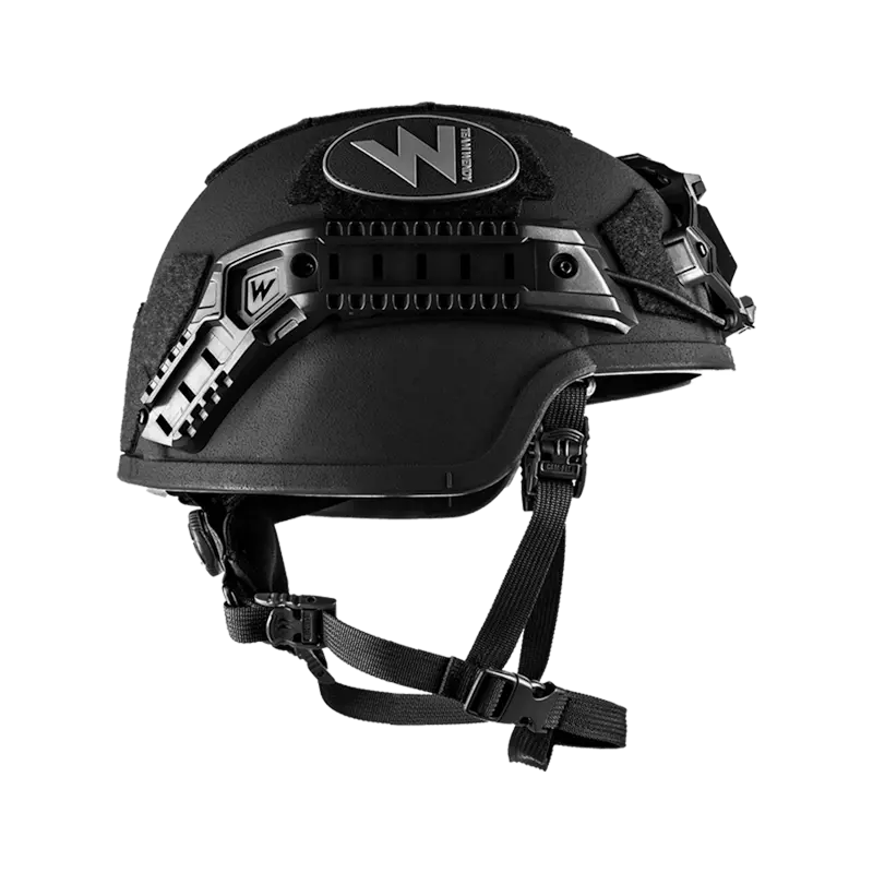 Right side view of the Team Wendy® EPIC™ Specialist Ballistic Helmet in black, showing the streamlined profile, integrated accessory rails, and optimized weight distribution.