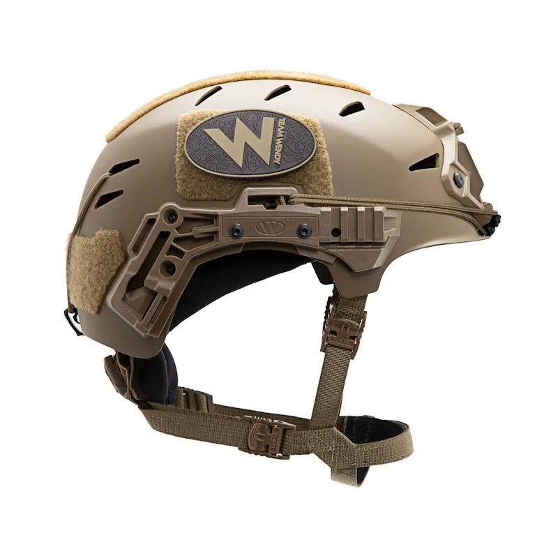 Right side view of the Team Wendy® EXFIL® Carbon Bump Helmet in coyote brown, highlighting the rail system, carbon fiber texture, and contoured design.