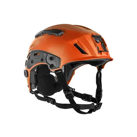 Front right side view of the Team Wendy SAR Tactical Helmet in orange showing its design, adjustable straps, and tactical features.