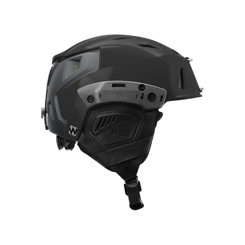 Team Wendy® M-216™ Backcountry Ski Helmet right side view in black/gray, showing aerodynamic profile and safety features.
