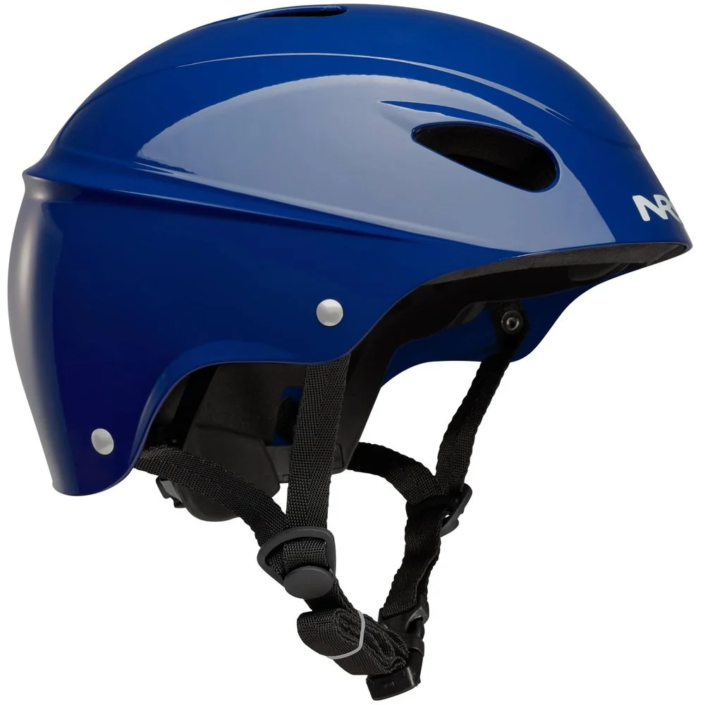 Side view of the NRS Havoc Livery Helmet in blue, showcasing its vibrant design, durable ABS shell, adjustable straps, and ventilation for comfortable, impact-resistant whitewater protection.