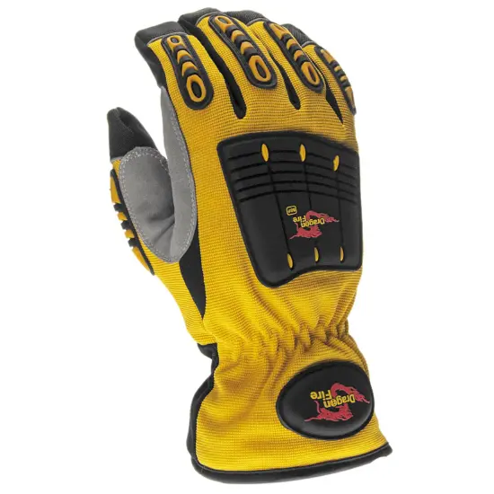 Top side view of the Dragon Fire BBP Rescue Gloves, highlighting the durable outer shell, reinforced knuckle area, and contoured design for reliable protection and flexibility in medical and technical rescue operations.