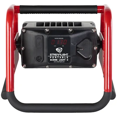 Rear view of the red Streamlight® Portable Scene Light II in its tubular roll-cage frame, showing the black housing with digital runtime display, battery indicator, power button, and padded top carry handle.