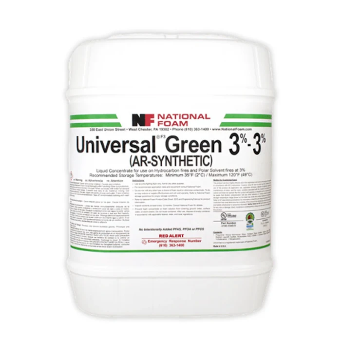 National Foam UNIVERSAL® F3 Green (AR-SYNTHETIC) Foam Concentrate container, a fluorine-free alcohol-resistant firefighting foam engineered for rapid suppression of hydrocarbon and polar solvent Class B fuel fires in municipal and industrial settings.