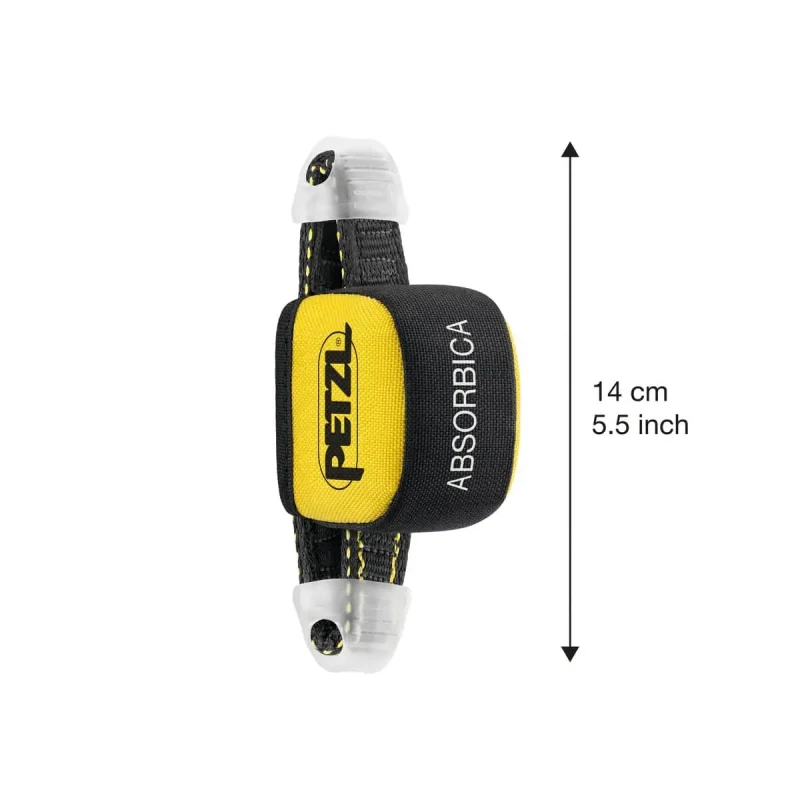 Petzl® ABSORBICA® Energy Absorber in black and yellow shown with extended length visible, illustrating its deployment range for impact force reduction in fall arrest systems.