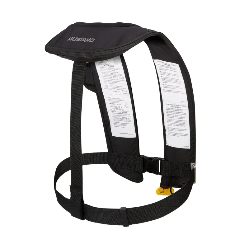 Side back view of Mustang Survival® Hit Hydrostatic Inflatable PFD showing profile of inflation bladder, harness straps, and durable fabric construction.