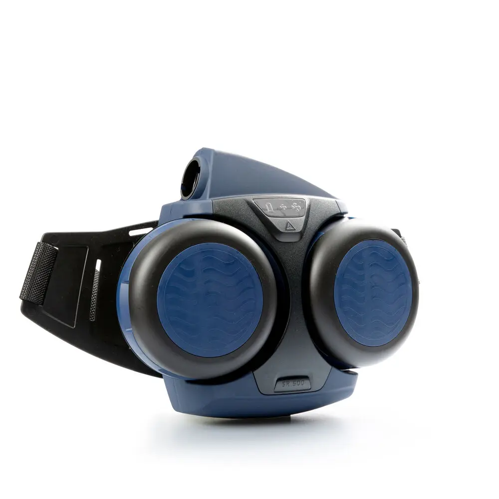 Angled front-right side view of the Sundström® SR 500 Powered Air-Purifying Respirator, showcasing the compact design, filter housings, and ergonomic placement of controls for user convenience.