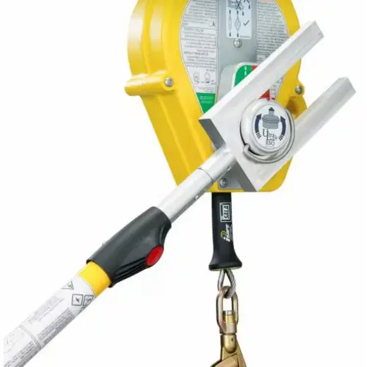 Tool engaging the adjustment knob on the 3M™ DBI-SALA® Ultra-Lok™ Self Retracting Lifeline with 50 ft galvanized steel cable, demonstrating precise equipment calibration for fall protection.