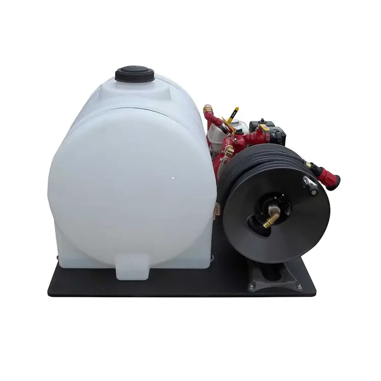Left side view of CET™ ATV Fire Pack 1 – Econo showing the water tank profile, hose reel, pump assembly, and skid mount on ATV platform.