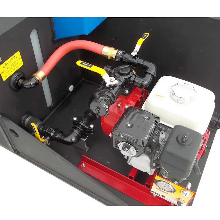 Close-up view of CET™ ATV Fire Pack 2 – Skeeter motor showing engine housing, pull-start mechanism, and mounted components for off-road pump operation.