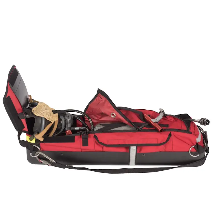 Side view of True North Gear L-3 Lite Speed™ RIT Bag showing open compartments revealing organized storage space, padded dividers, and reflective safety tape.