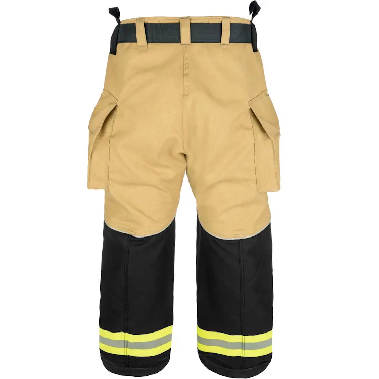 Back view of Lakeland® Stealth Premium Turnout Pants, showcasing reinforced seat and knee areas, adjustable waist features, and durable flame-resistant materials for firefighter safety and mobility.